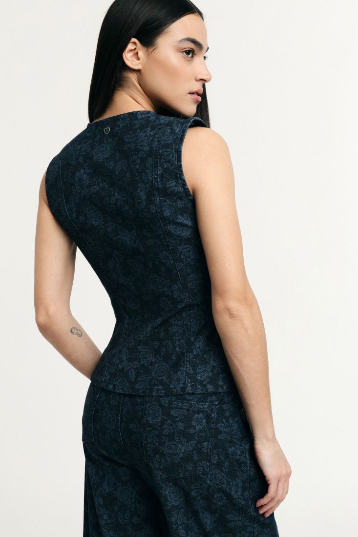 Gilet Denim Aderente con Stampa Floreale Please
