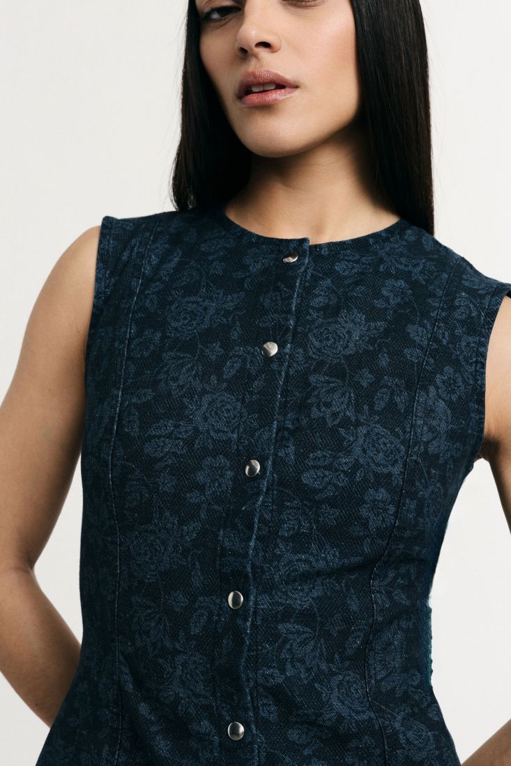Gilet Denim Aderente con Stampa Floreale Please
