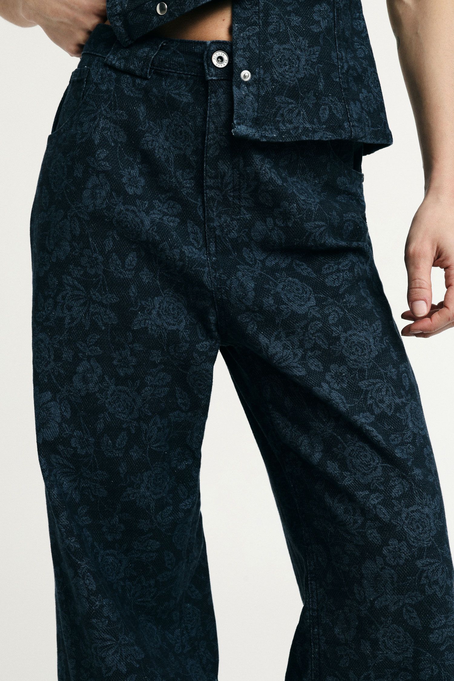 Jeans Gamba Ampia Stampa Floreale Vita Alta Please